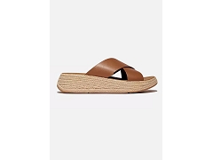 FITFLOP FITFLOP PLATFORMS ESPADRILLE LEATHER WEDGE CROSS SLIDES TAN<br>.